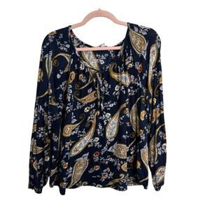 Lucky Brand Navy Paisley Floral Tie Neck Long Sleeve Shirt